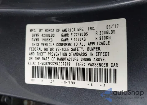 2017 Honda Accord Lx из США, поврежденный, VIN 1HGCR2F32HA307919